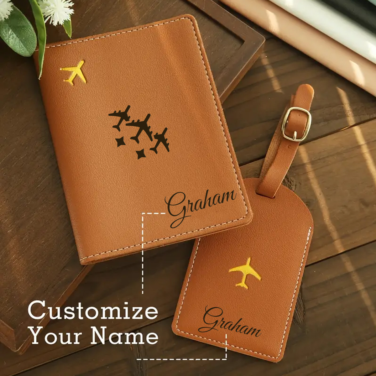 Leather Passport Cover - 2 customized hot stamping name passport